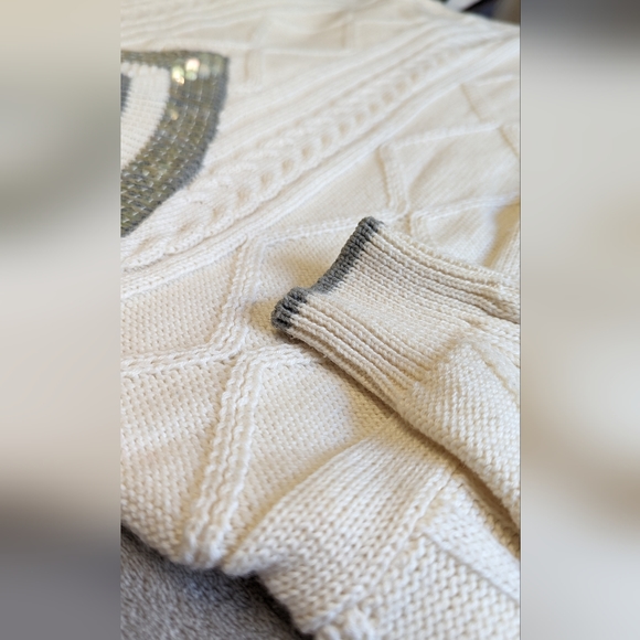 Sequin Kitty Hawk by Vivian Wang beige wool knit v-neck sweater L - Picture 9 of 10